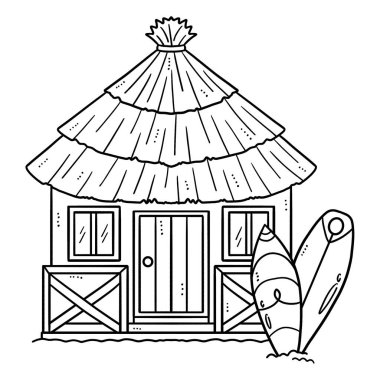 A cute and funny coloring page of Tropical Hut with Surfi Board. Provides hours of coloring fun for children. Color, this page is very easy. Suitable for little kids and toddlers.