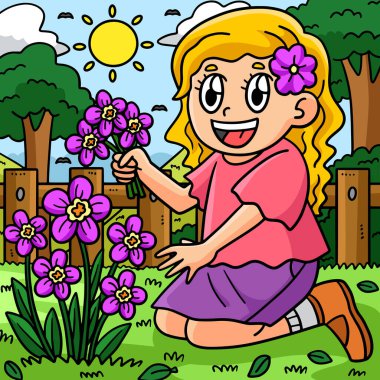This cartoon clipart shows a Spring Girl Picking Flowers illustration.