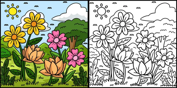 This coloring page shows spring Flowers In A field. One side of this illustration is colored and serves as an inspiration for children. 