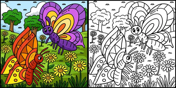 This coloring page shows Spring Butterflies Hovering Over Flowers. One side of this illustration is colored and serves as an inspiration for children. 