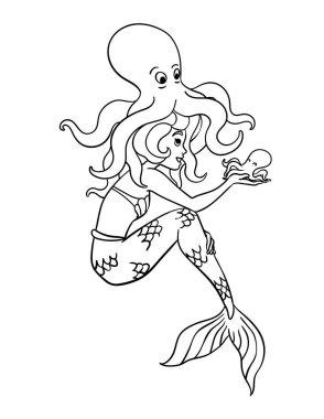 A cute and funny coloring page of Mermaid with Octopus. Provides hours of coloring fun for children. Color, this page is very easy. Suitable for little kids and toddlers.
