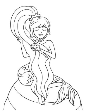 A cute and funny coloring page of Mermaid Brushing her Hair. Provides hours of coloring fun for children. Color, this page is very easy. Suitable for little kids and toddlers.