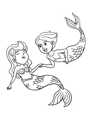 A cute and funny coloring page of Mermaid and Young Merman. Provides hours of coloring fun for children. Color, this page is very easy. Suitable for little kids and toddlers.