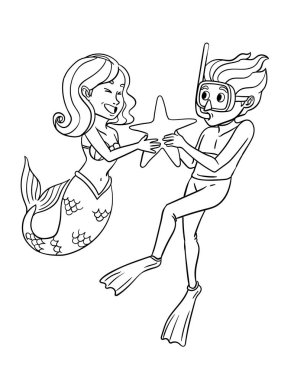 A cute and funny coloring page of Mermaid and Diver Holding a Star. Provides hours of coloring fun for children. Color, this page is very easy. Suitable for little kids and toddlers.