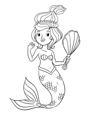 A cute and funny coloring page of Mermaid Holding Shell Mirror. Provides hours of coloring fun for children. Color, this page is very easy. Suitable for little kids and toddlers.