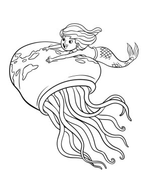 A cute and funny coloring page of a mermaid riding in a giant jellyfish. Provides hours of coloring fun for children. Color, this page is very easy. Suitable for little kids and toddlers.