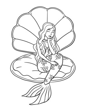 A cute and funny coloring page of Beautiful Mermaid Sitting in a Clam Shell. Provides hours of coloring fun for children. Color, this page is very easy. Suitable for little kids and toddlers.