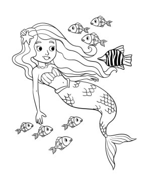 A cute and funny coloring page of Mermaid and a Fish. Provides hours of coloring fun for children. Color, this page is very easy. Suitable for little kids and toddlers.