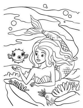 A cute and funny coloring page of a Mermaid and Pufferfish. Provides hours of coloring fun for children. Color, this page is very easy. Suitable for little kids and toddlers.