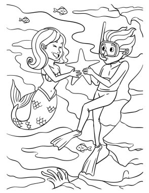 A cute and funny coloring page of Mermaid and Diver Holding a Star. Provides hours of coloring fun for children. Color, this page is very easy. Suitable for little kids and toddlers.
