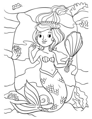 A cute and funny coloring page of Mermaid Holding Shell Mirror. Provides hours of coloring fun for children. Color, this page is very easy. Suitable for little kids and toddlers.