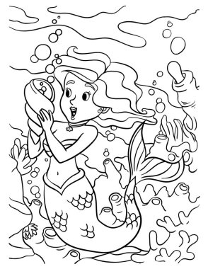 A cute and funny coloring page of Mermaid Holding Spiral Shell. Provides hours of coloring fun for children. Color, this page is very easy. Suitable for little kids and toddlers.