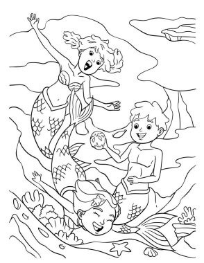 A cute and funny coloring page of Mermaid and Merman Playing. Provides hours of coloring fun for children. Color, this page is very easy. Suitable for little kids and toddlers.