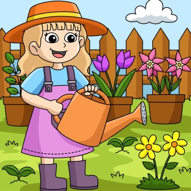 This cartoon clipart shows a Spring Girl Watering the Flower illustration.