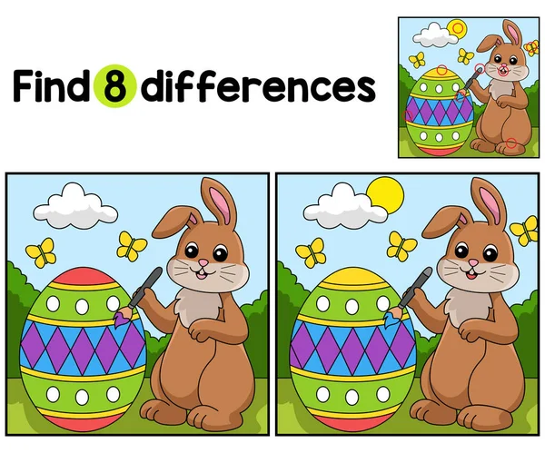 Find Spot Differences Rabbit Painting Easter Egg Kids Activity Page — Vetor de Stock