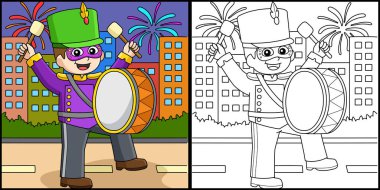 This coloring page shows a Mardi Gras Boy Playing Drums. One side of this illustration is colored and serves as an inspiration for children.