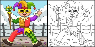 This coloring page shows a Mardi Gras Jester Boy with Baton. One side of this illustration is colored and serves as an inspiration for children.