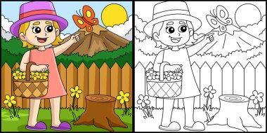 This coloring page shows a Spring Girl Holding a Basket with Flower. One side of this illustration is colored and serves as an inspiration for children.