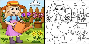 This coloring page shows a Spring Girl Watering the Flowers. One side of this illustration is colored and serves as an inspiration for children.