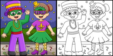 This coloring page shows a Mardi Gras Jester Boy and Girl. One side of this illustration is colored and serves as an inspiration for children.