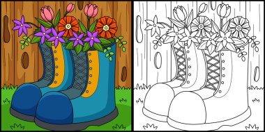This coloring page shows Spring Boots with Flowers. One side of this illustration is colored and serves as an inspiration for children.