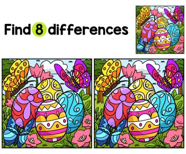 Find or spot the differences on this Butterflies Hovering Over Easter Eggs kids activity page. A funny and educational puzzle-matching game for children.
