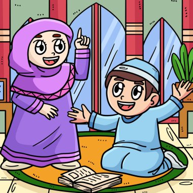 This cartoon clipart shows a Ramadan Muslim Children illustration.