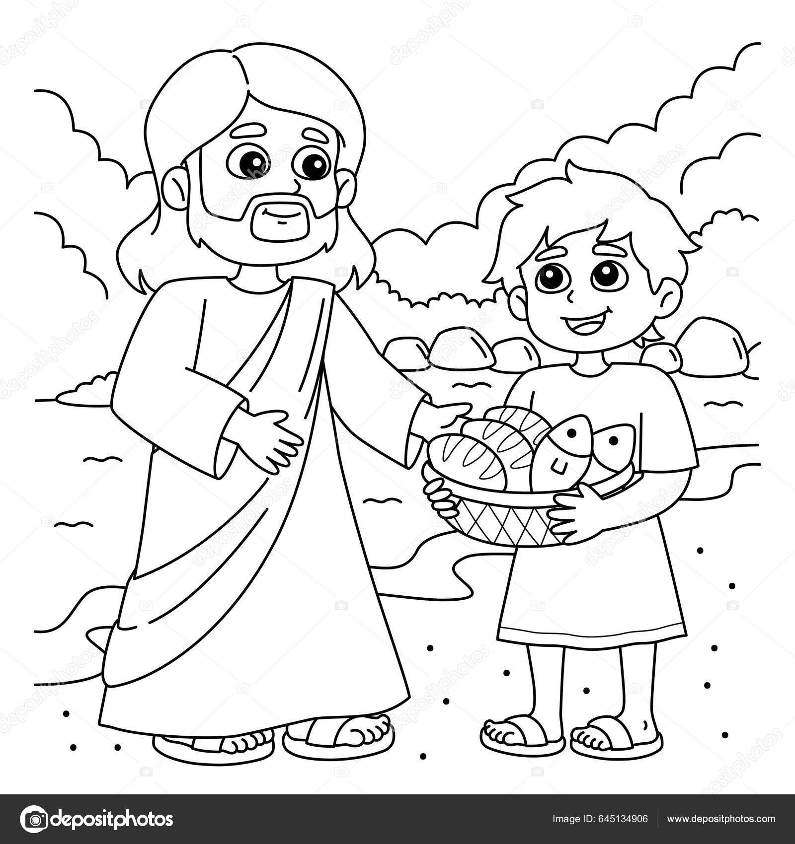 Cute Funny Coloring Page Jesus Feeds 5000 People Provides Hours Stock 