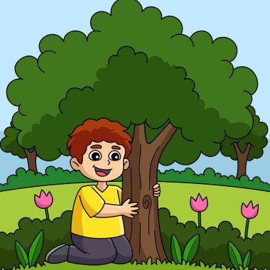 Bu karikatür, ağaç resimlerini kucaklayan bir çocuğu gösteriyor..