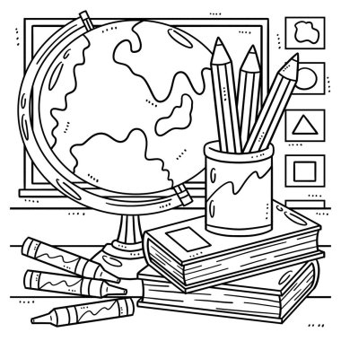 A cute and funny coloring page of a Globe, crayons, and books. Provides hours of coloring fun for children. To color, this page is very easy. Suitable for little kids and toddlers. clipart