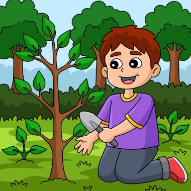 Bu karikatür, ağaç diken bir çocuğu gösteriyor..