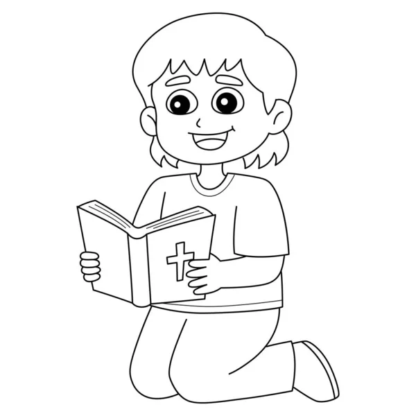Una Simpatica Divertente Pagina Colorare Girl Reading Bible Fornisce Ore — Vettoriale Stock