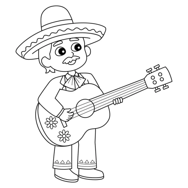 Cute Funny Coloring Page Mexican Boy Guitar Provides Hours Coloring — Stock Vector