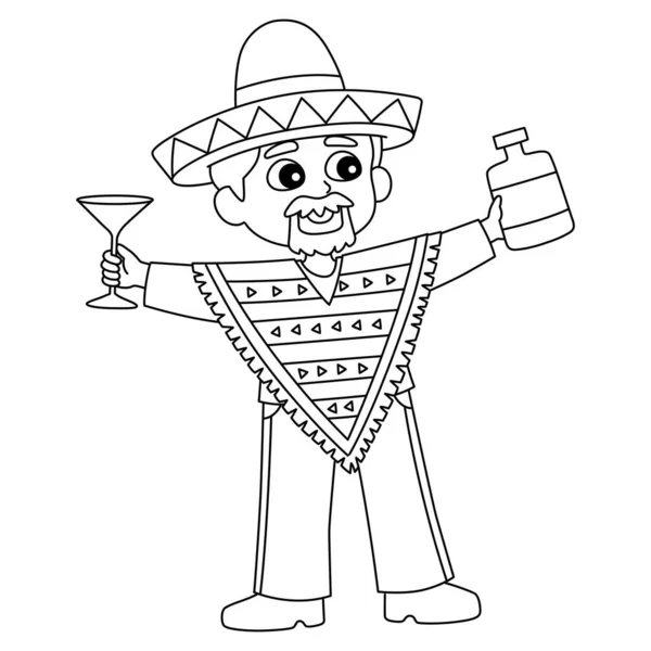 Una Página Para Colorear Linda Divertida Hombre Mexicano Bebiendo Una — Vector de stock