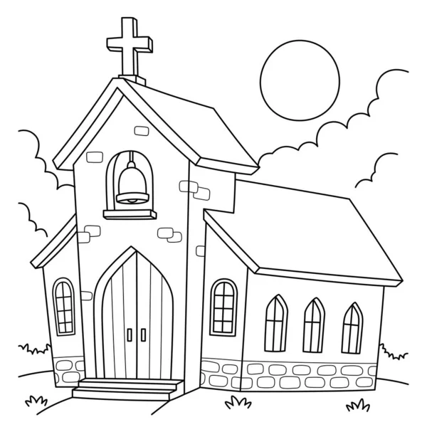 Μια Χαριτωμένη Και Αστεία Σελίδα Χρωματισμού Της Εκκλησίας Παρέχει Ώρες — Διανυσματικό Αρχείο