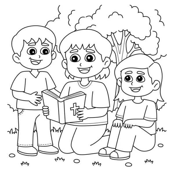 Uma Página Colorir Bonito Engraçado Crianças Lendo Uma Bíblia Fornece —  Vetores de Stock