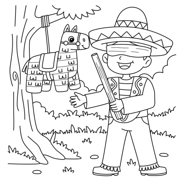 一个墨西哥男孩的可爱和有趣的彩色页面与皮纳塔 为孩子们提供几个小时的彩色娱乐 这个页面的颜色很容易 适用于幼儿及幼儿 — 图库矢量图片