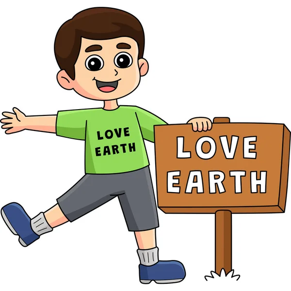 Мультфильм Показывает Мальчика Держащего Знак Любви Земле — стоковый вектор