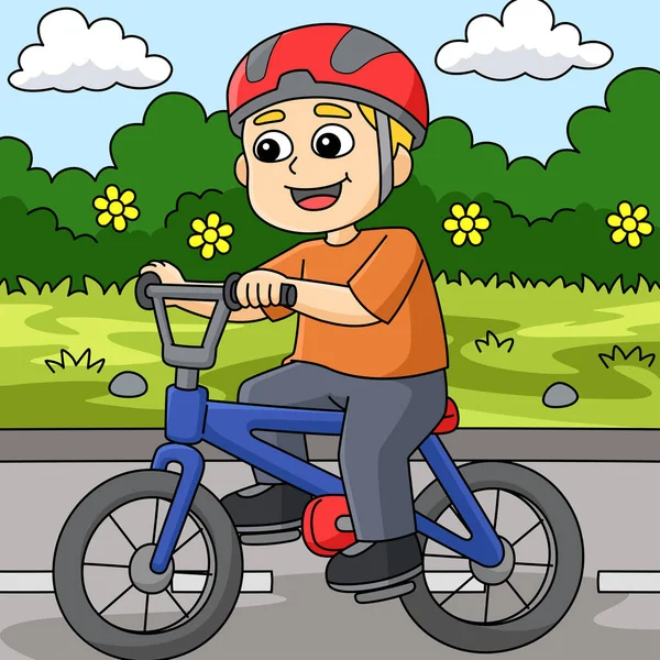 Cartoon Clipart Shows Boy Biking Illustration — Stockový vektor