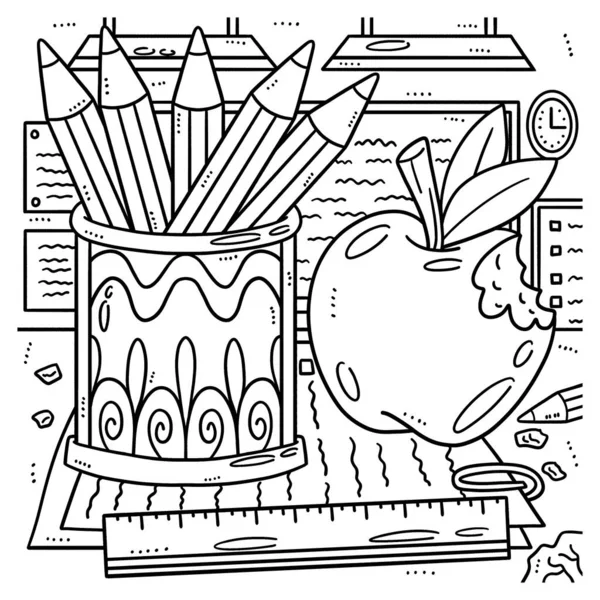 Cute Funny Coloring Page Last Day School Pencils Apple Provides — Stock Vector