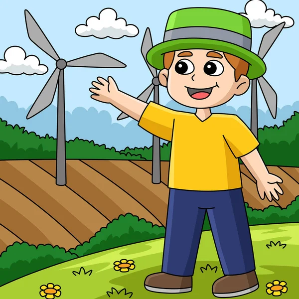 Dieser Cartoon Clip Zeigt Einen Jungen Der Eine Windrad Illustration — Stockvektor
