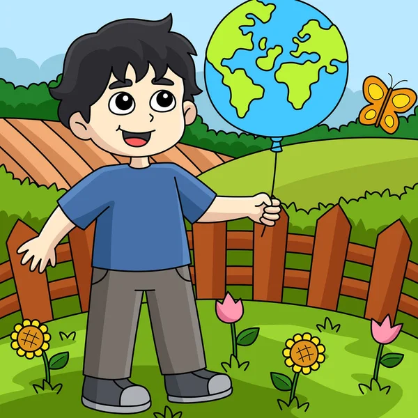 Ten Klif Kreskówki Pokazuje Chłopca Trzymającego Ilustrację Balonu Ziemskiego — Wektor stockowy