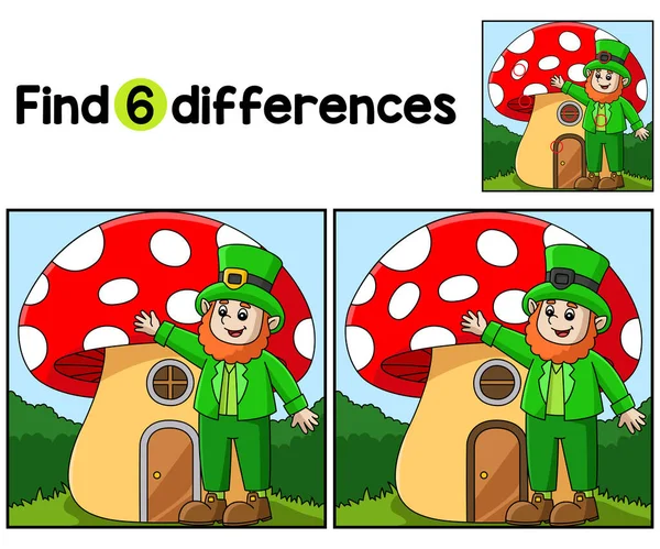 Encontrar Detectar Diferenças Nesta Página Atividade Patricks Day Leprechaun Mushroom — Vetor de Stock