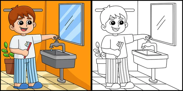 Tato Stránka Zbarvení Ukazuje Boy Conserving Water Jedna Strana Ilustrace — Stockový vektor