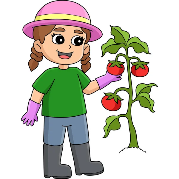 Cartoon Clipart Shows Girl Planting Vegetable Illustration — Stock Vector