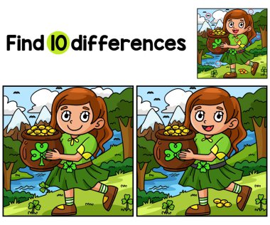  Altın tencereli Aziz Patrick Günü Kızı aktivite sayfasında farklılıkları bul ya da tespit et. Çocuklar için eğlenceli ve eğitici bir bulmaca eşleştirme oyunu.
