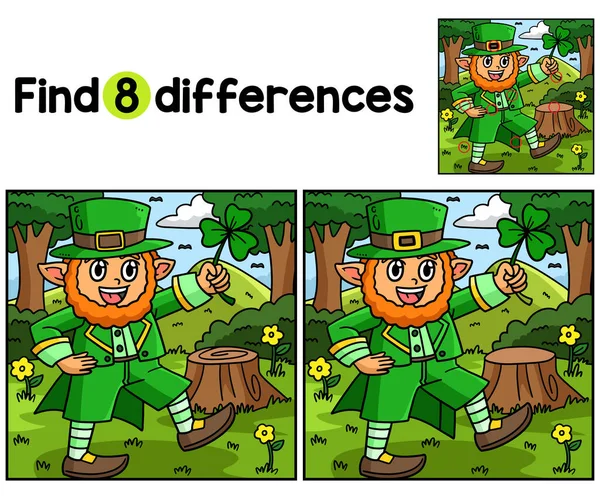 stock vector  Find or spot the differences on this Saint Patricks Day Leprechaun Holding Shamrock kids activity page. A funny and educational puzzle-matching game for children.