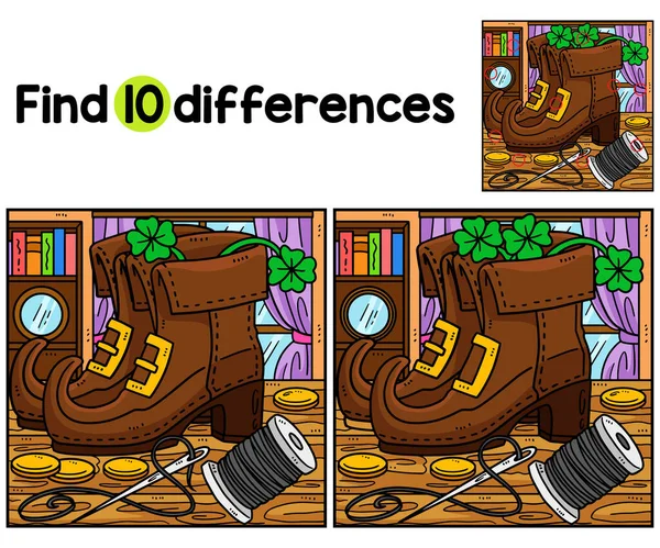 stock vector  Find or spot the differences on this Saint Patricks Day Leprechaun shoe kids activity page. A funny and educational puzzle-matching game for children.