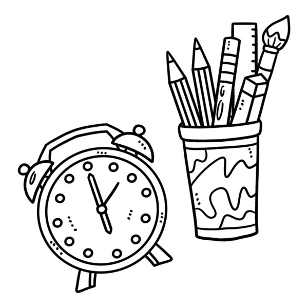 Cute Funny Coloring Page Alarm Clock Pencil Case Provides Hours — Stock Vector