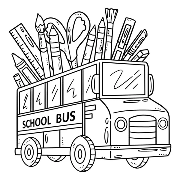 Uma Página Colorir Bonito Engraçado Para Ônibus Escolar Com Materiais — Vetor de Stock